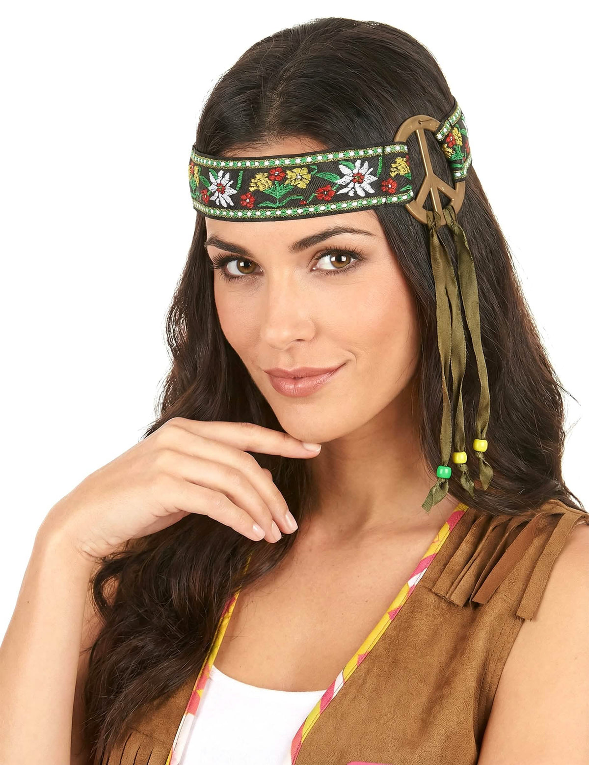 Diadema peace para adulto negro con flores, medallón de bronce y cintas verdes