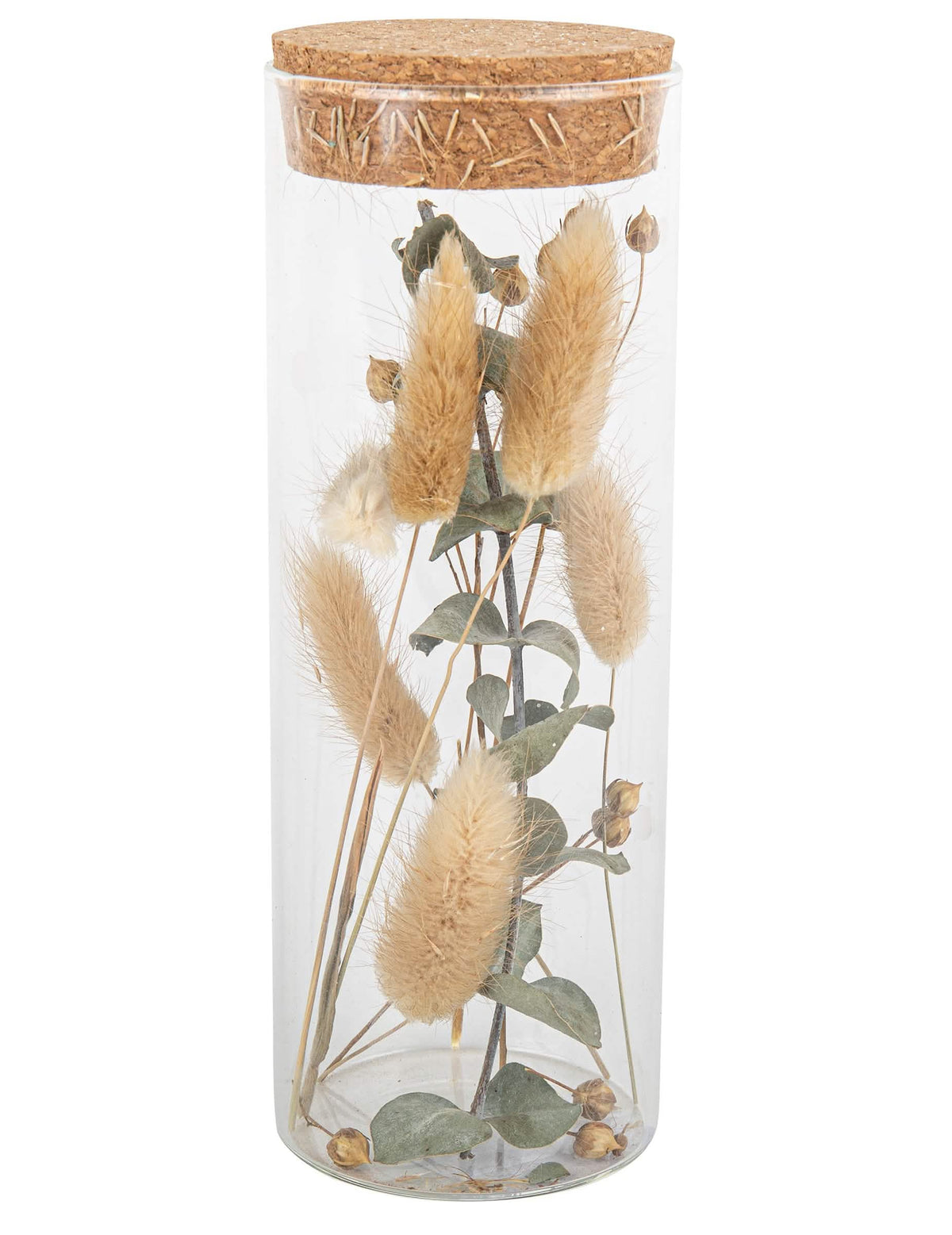 Tubo de vidrio con plumas y eucalipto con tapón de corcho beige y verde
