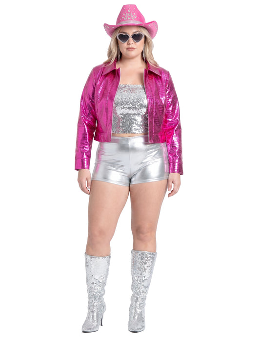 Chaqueta efecto cocodrilo metálica rosa mujer
