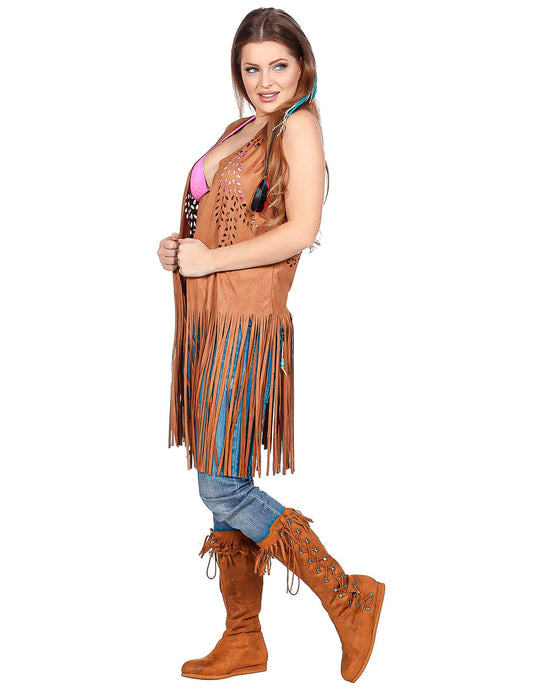 Chaqueta larga con flecos marrón hippie para mujer