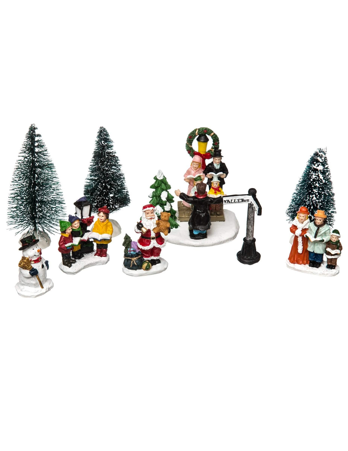 Figuras de pueblo de navidad de coro de papá noel para decoración multicolor con árboles de navidad y muñeco de nieve