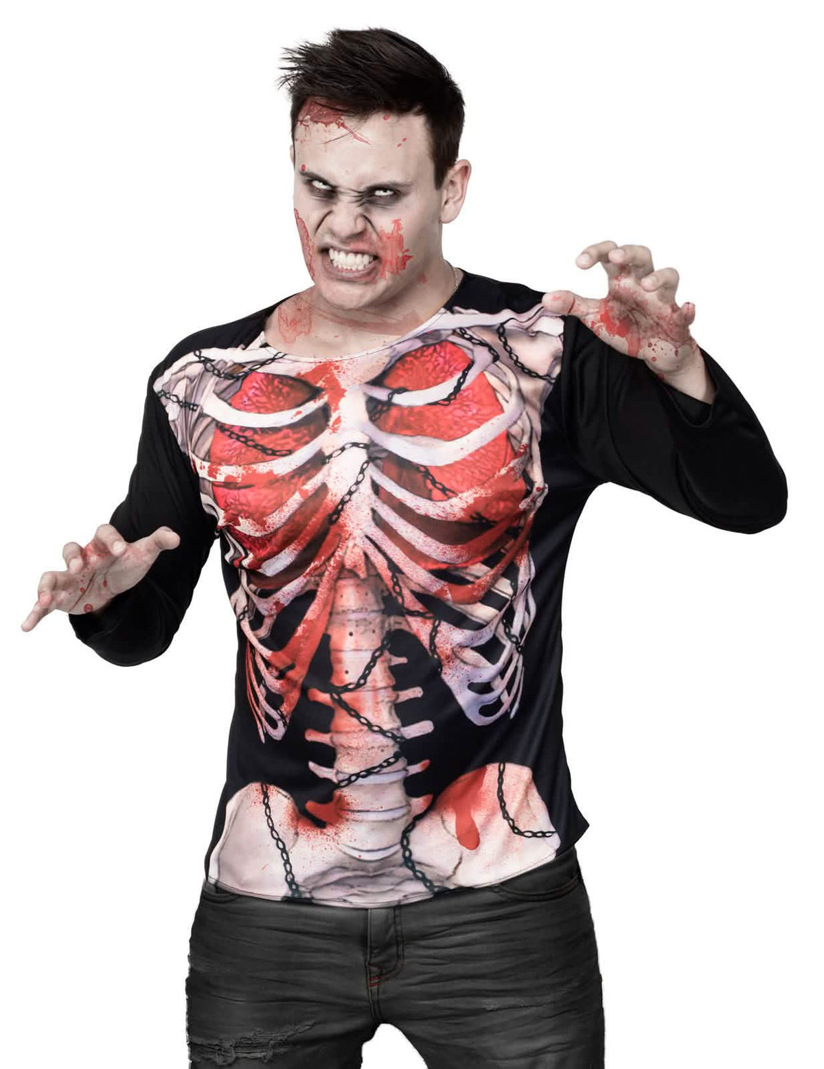 camisetas zombie esqueleto halloween para hombre negro con impresión de caja torácica ensangrentada