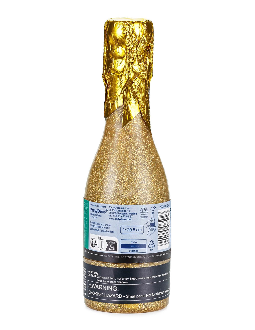Détail des informations au dos du canon à confettis champagne doré métallisé
