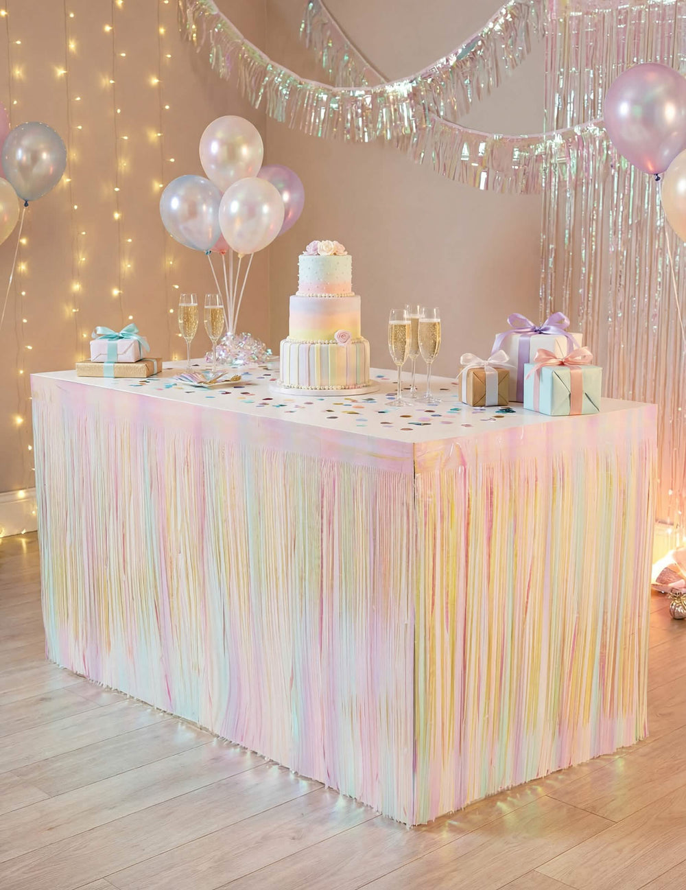 Falda de mesa con flecos irisados para fiesta pastel multicolor