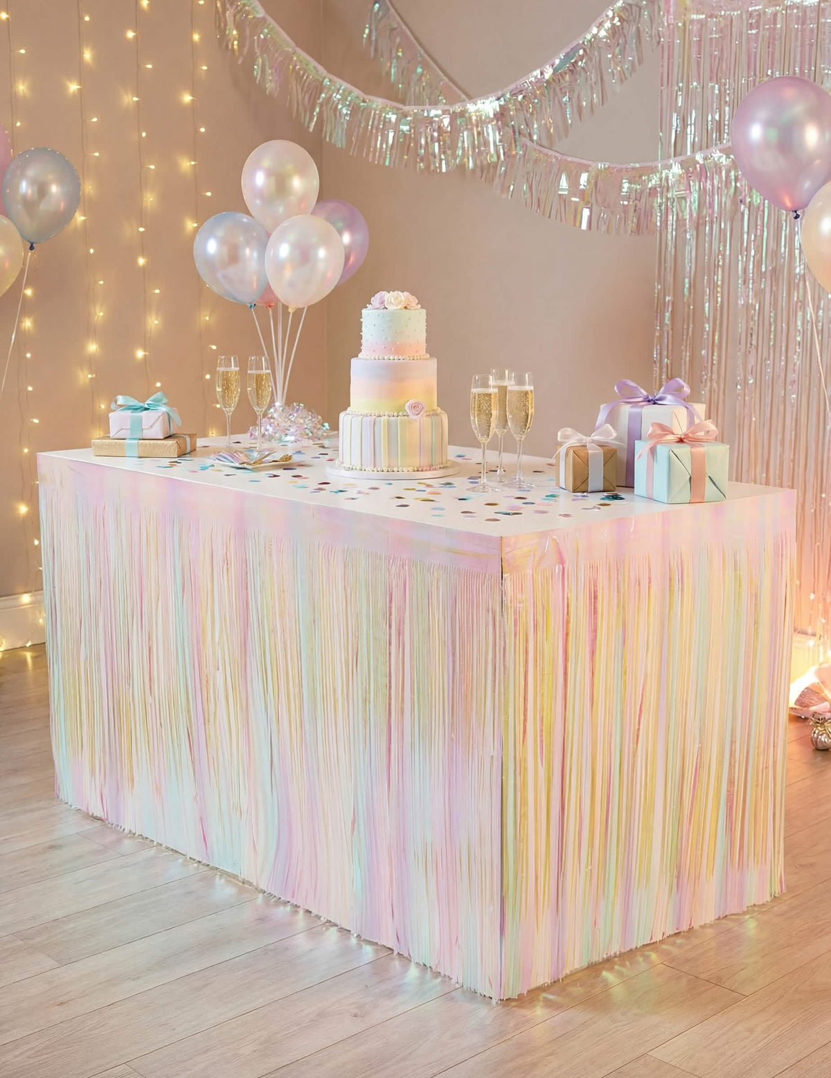 Falda de mesa con flecos irisados para fiesta pastel multicolor