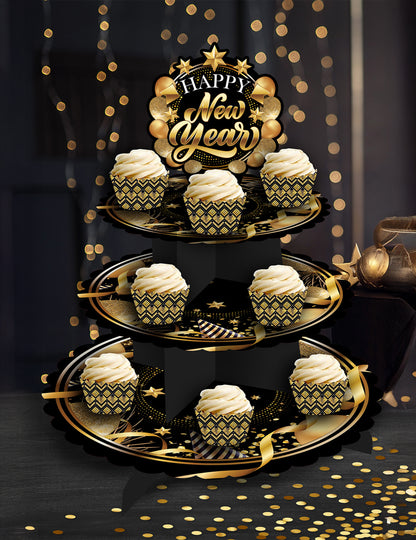 Mise en situation avec cupcakes du présentoir à gâteaux à étages Happy New Year