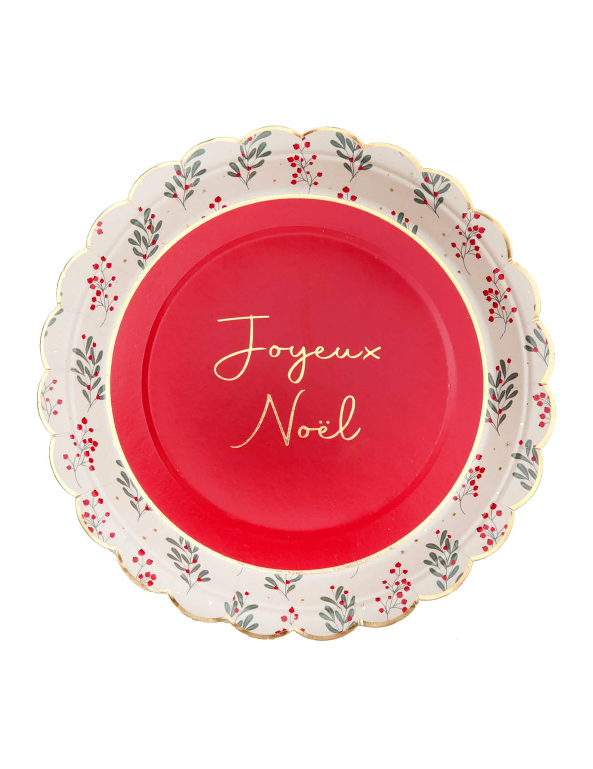 Assiettes en carton festonnées houx de Noël pour fête rouges et blanches Joyeux Noël