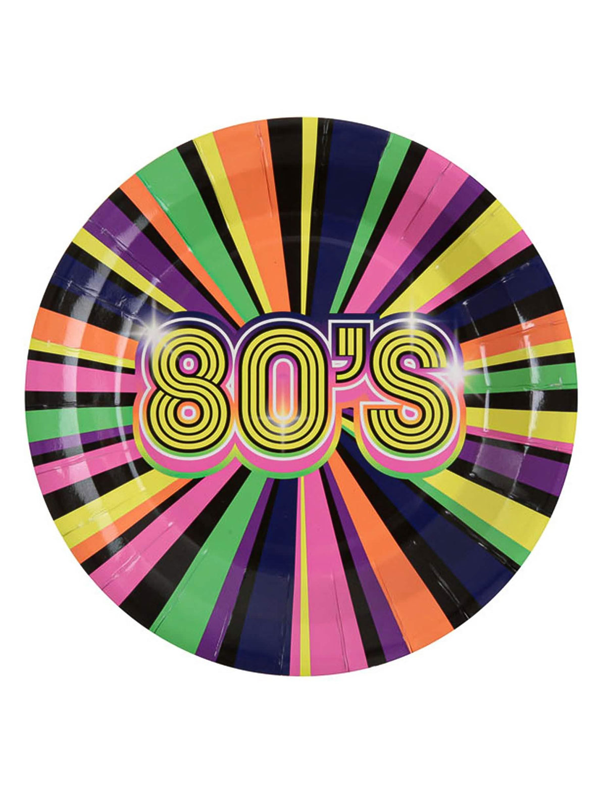 platos de cartón años 80 para fiesta multicolores fosforito