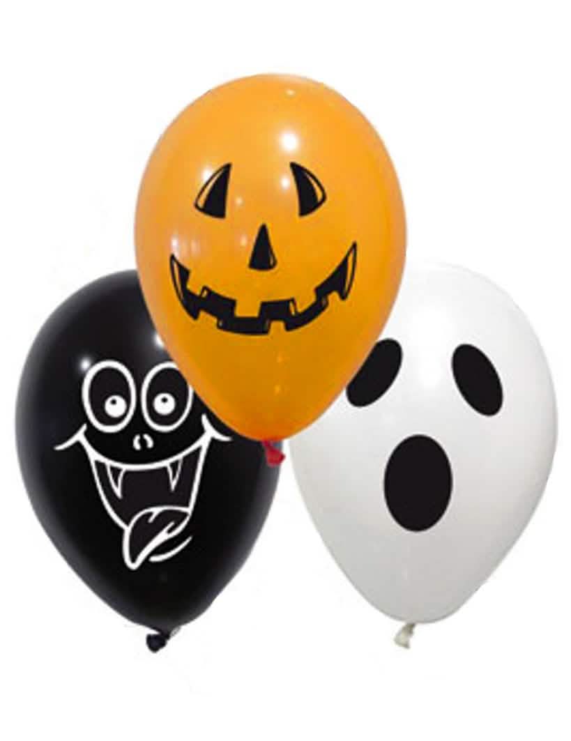 Globos de látex spooky halloween naranja negro y blanco con motivos de calabazas, vampiro y fantasma