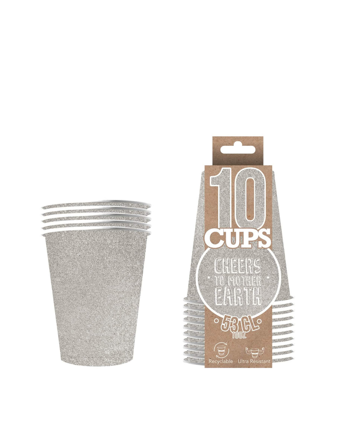 Vue de l'emballage des gobelets américains scintillants pour fête argent en carton recyclable
