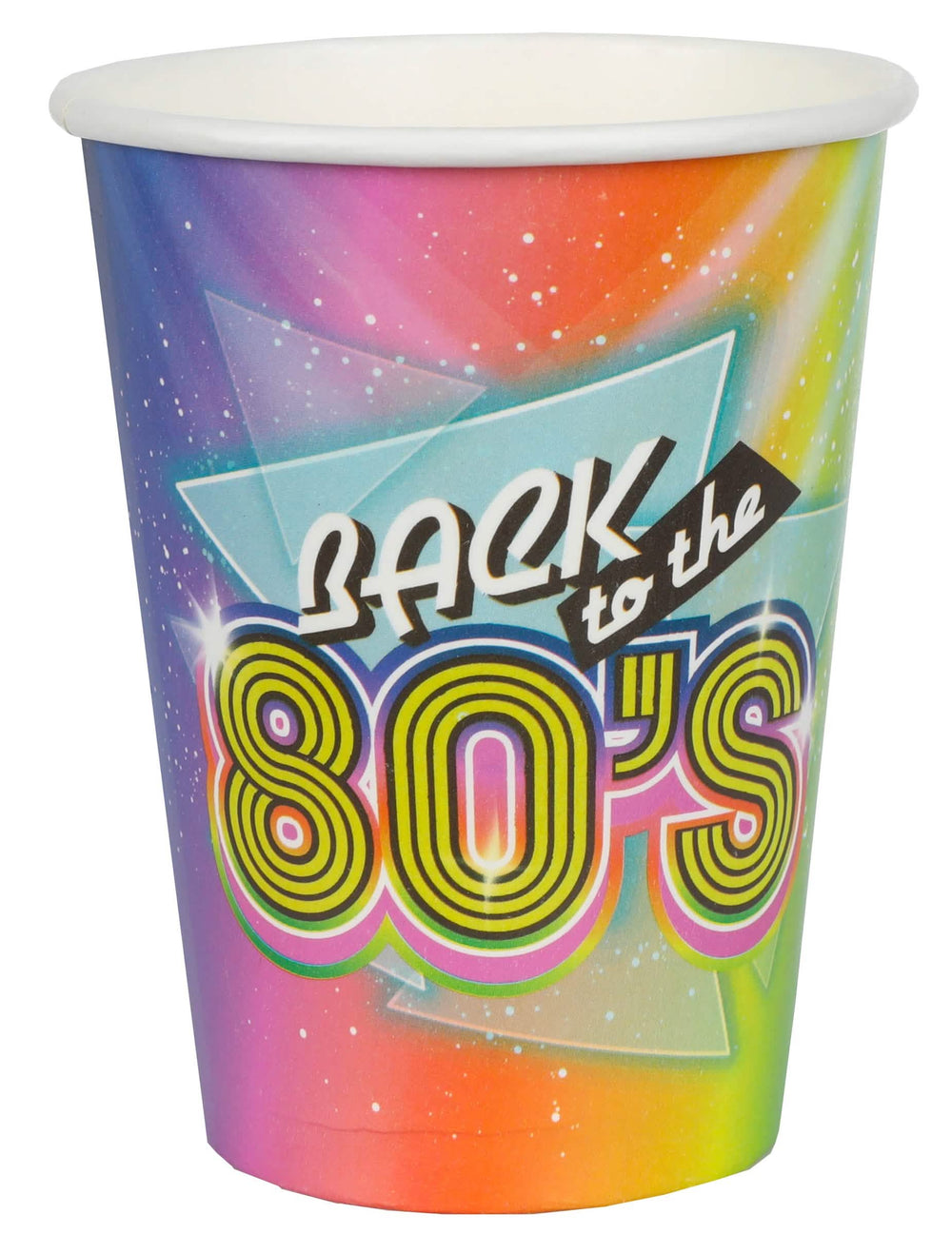 Vasos de cartón de los años 80 para fiesta multicolores con inscripción Back to the 80's