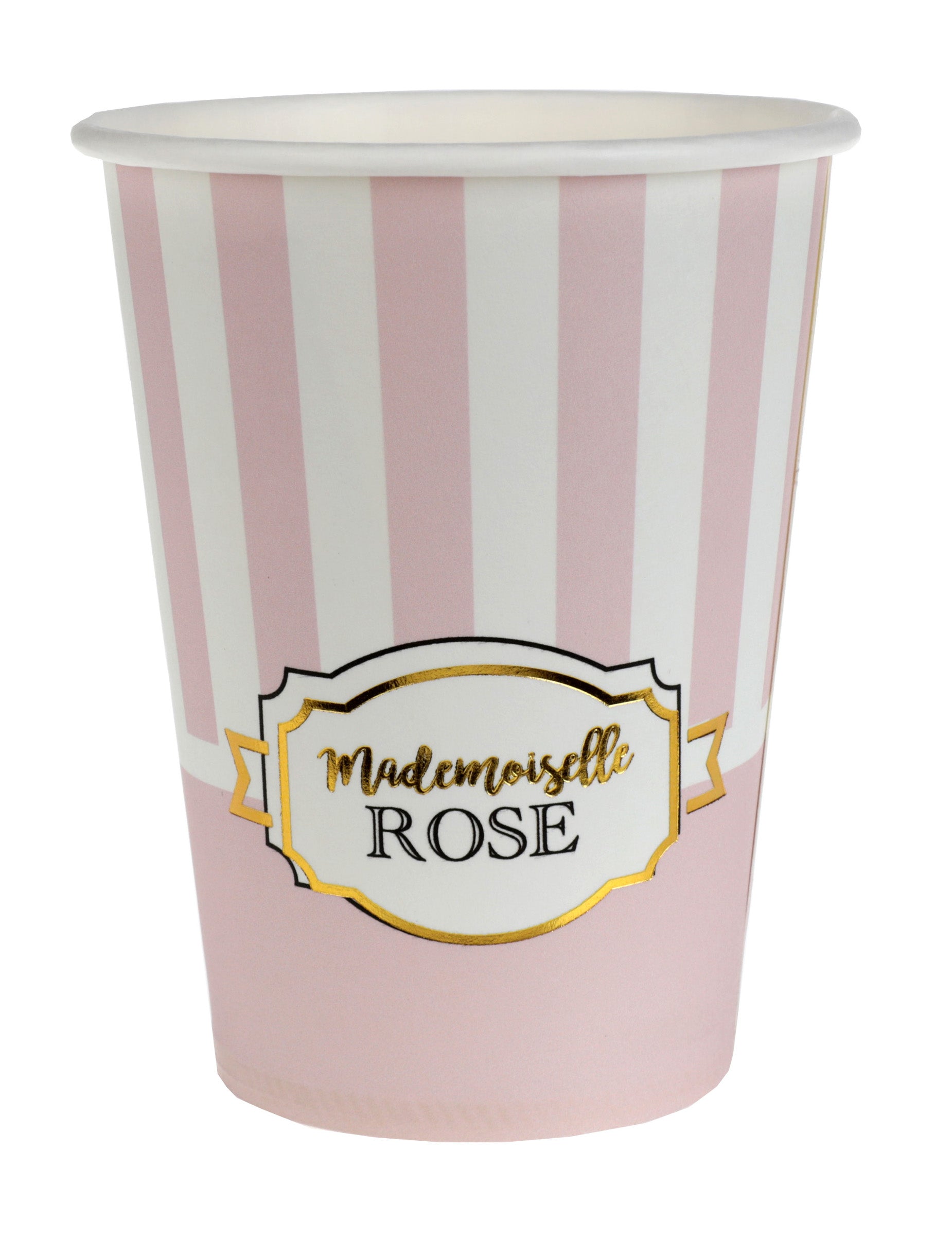 Gobelets en carton Mademoiselle Rose pour baby shower rayés roses et blancs