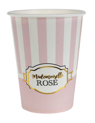 Gobelets en carton Mademoiselle Rose pour baby shower rayés roses et blancs