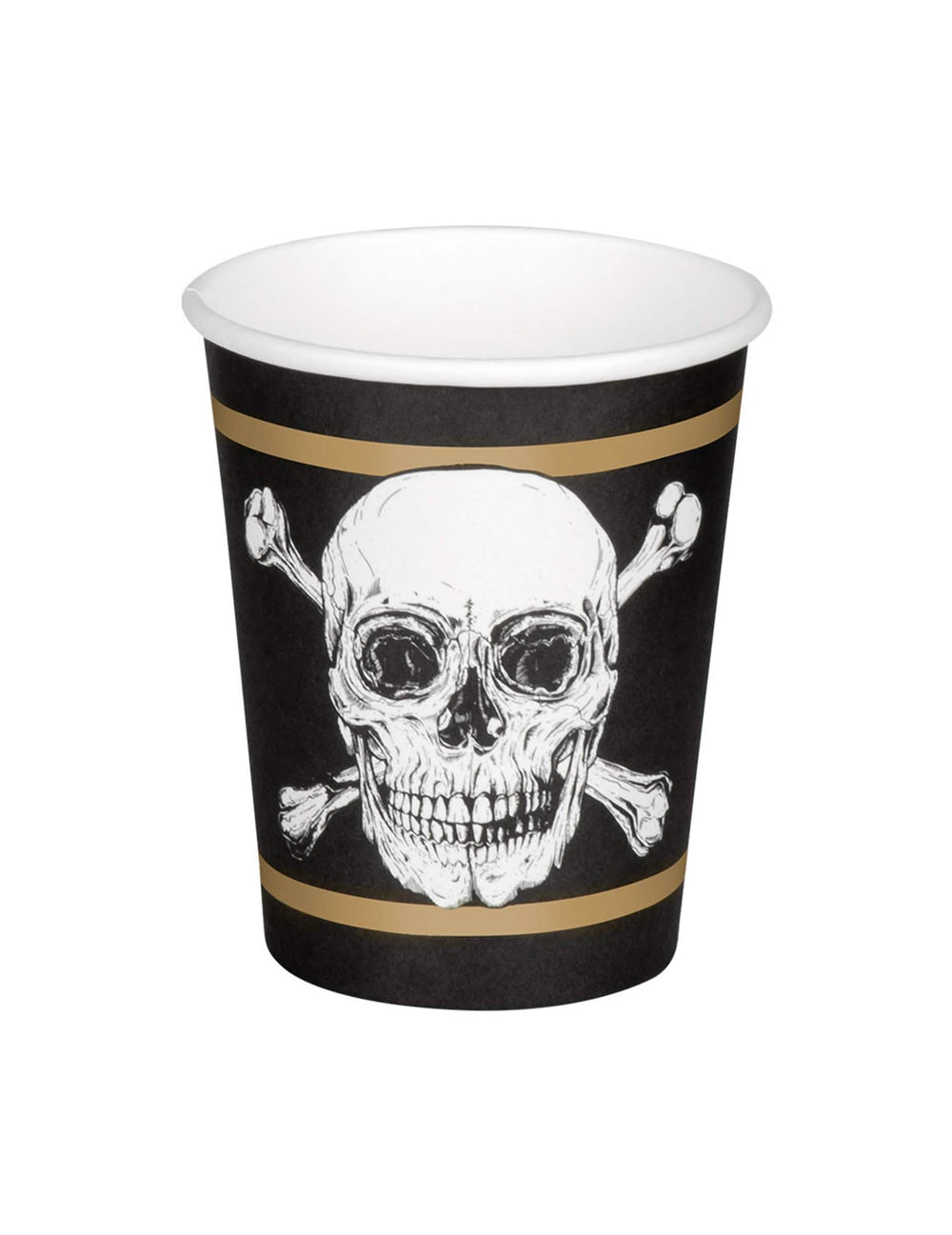 Vista frontal de un vaso de cartón Pirata Jolly Roger