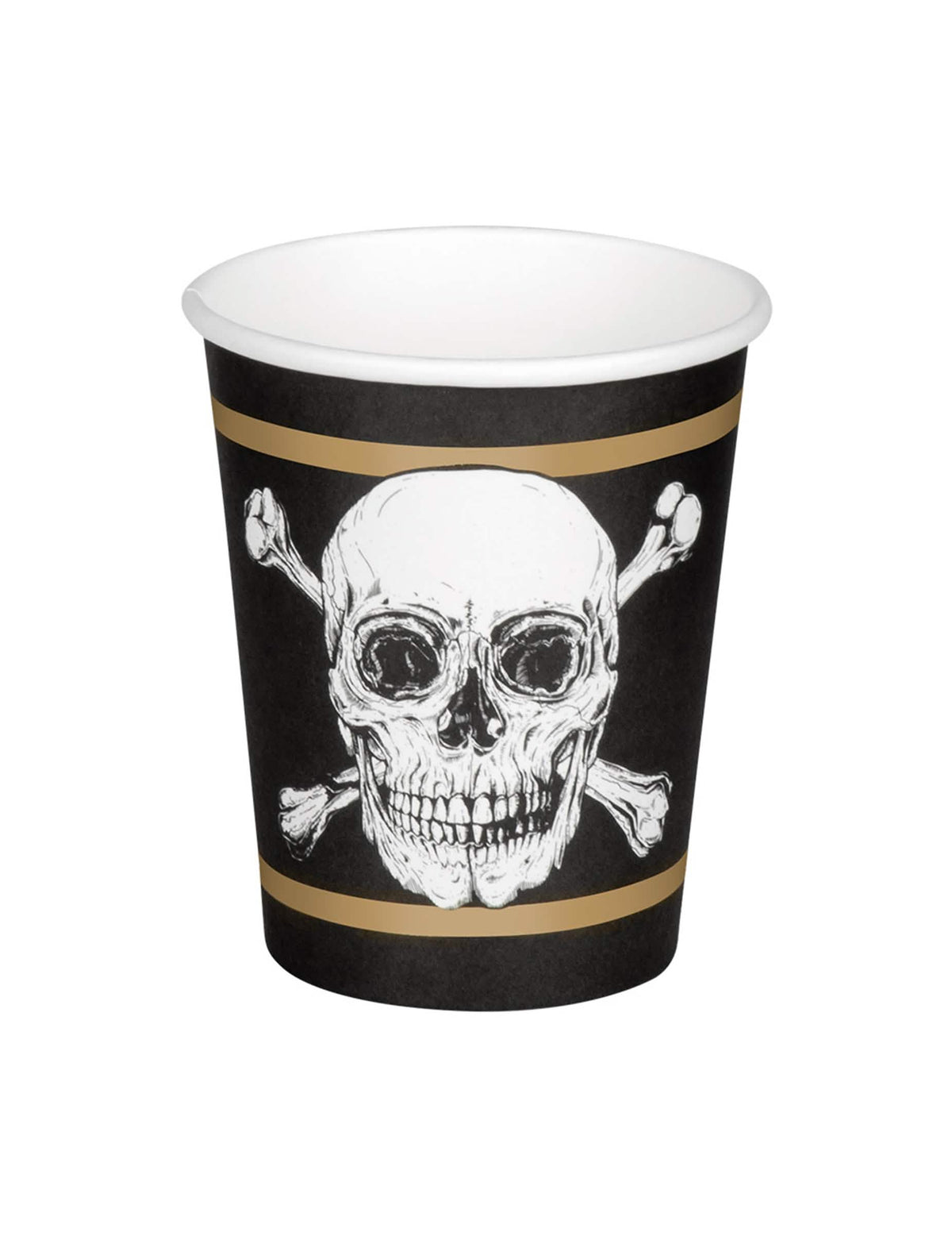 Vista frontal de un vaso de cartón Pirata Jolly Roger
