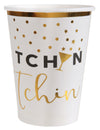 Gobelets en carton tchin tchin pour fête blanc et doré