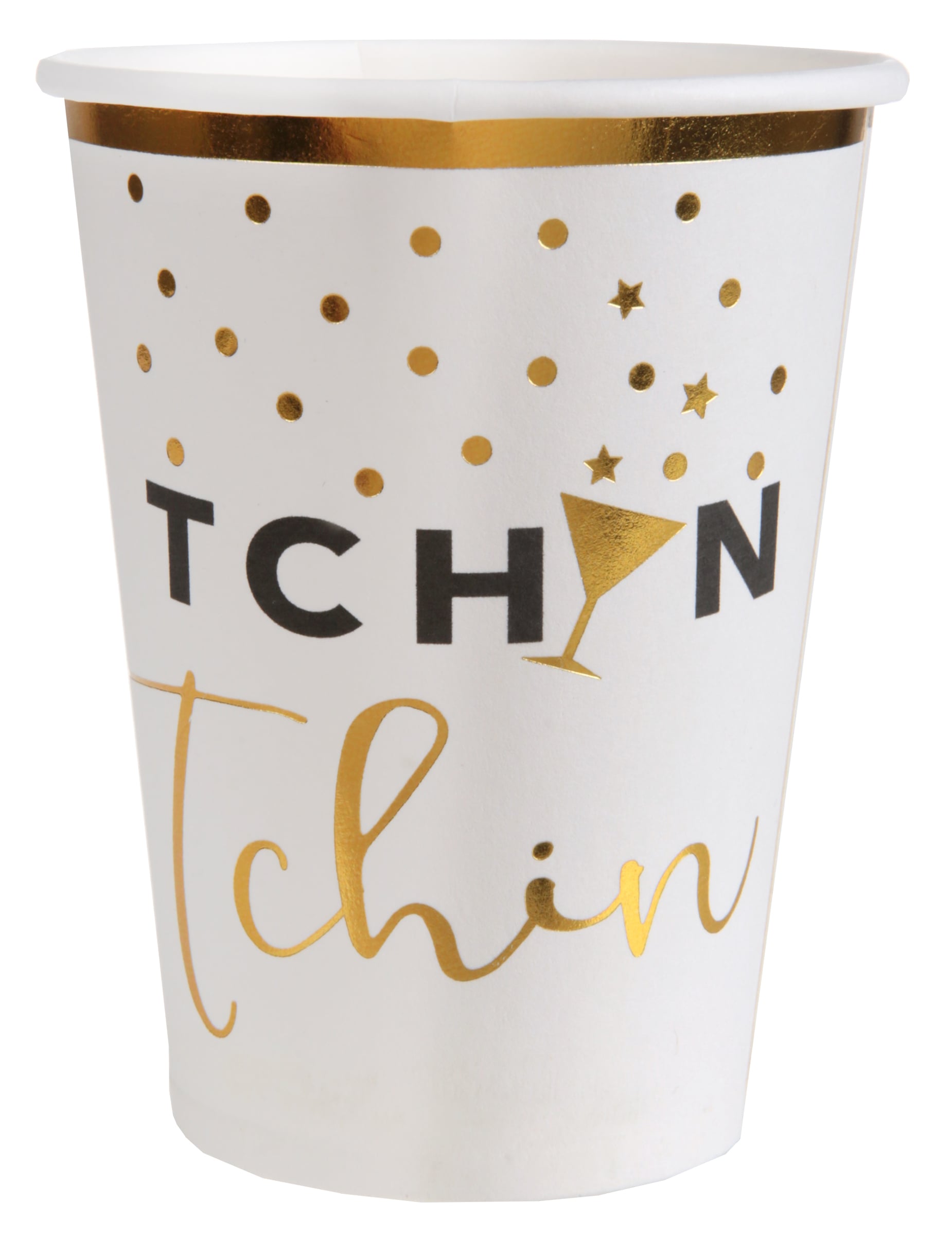 Gobelets en carton tchin tchin pour fête blanc et doré