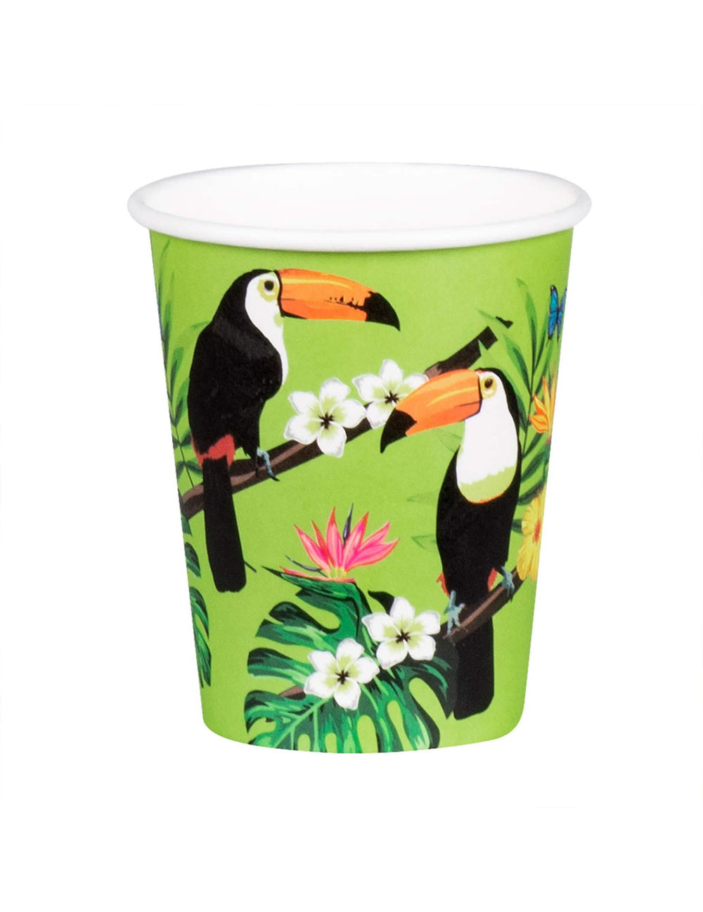 Primer plano de los motivos del vaso de cartón con tucán