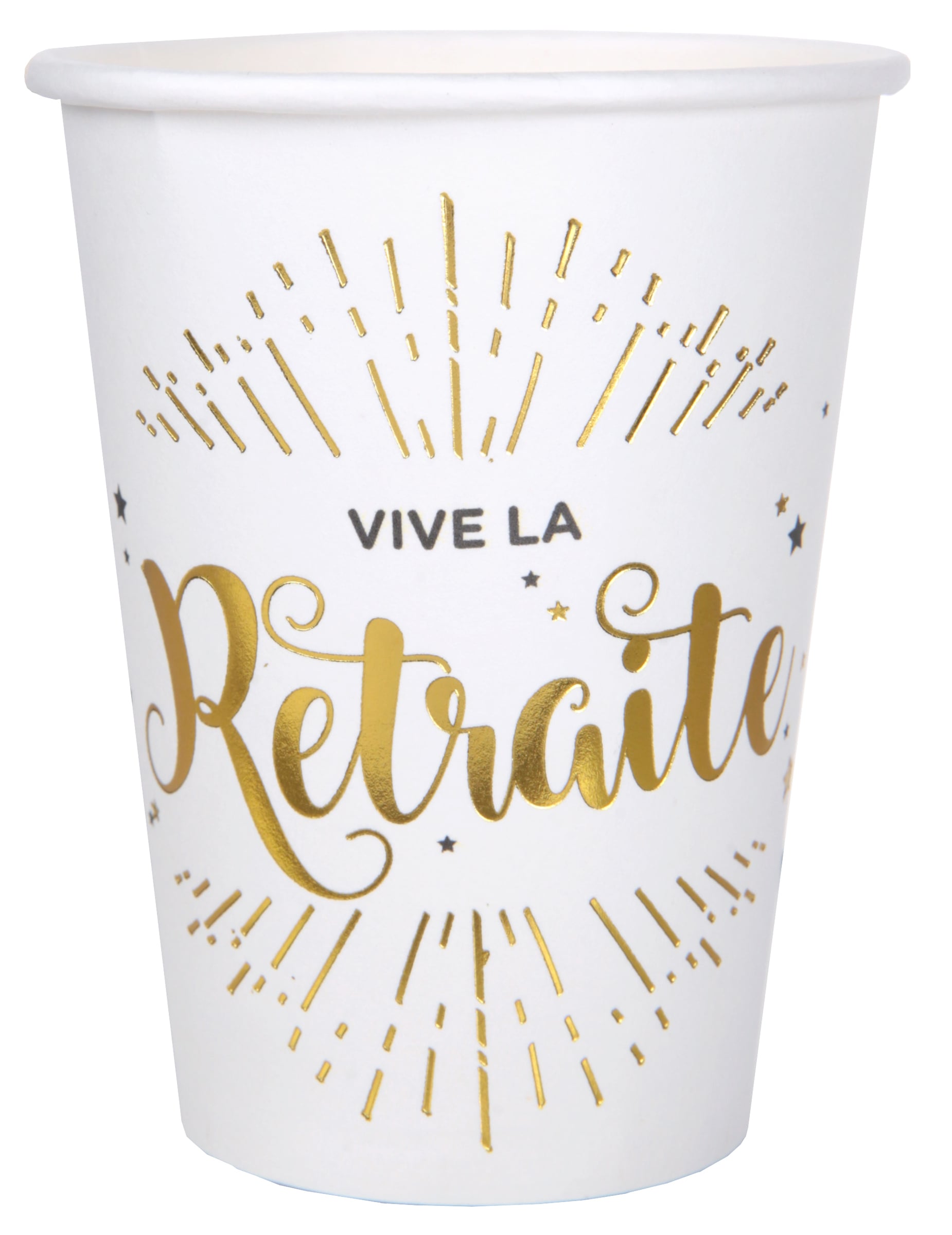 Gobelets en carton vive la retraite pour décoration blanc et doré