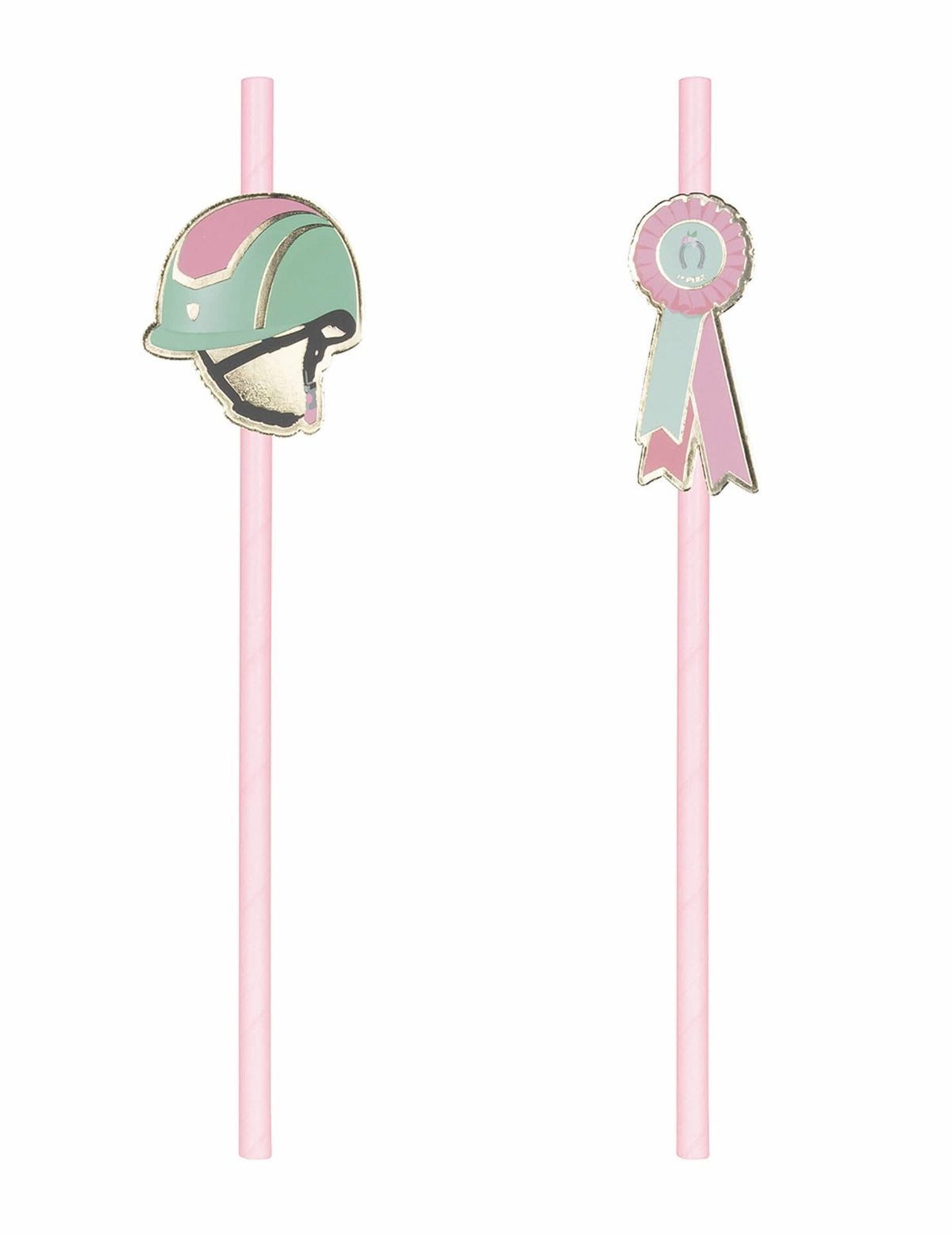pajitas de cartón caballo y equitación rosas con decoraciones de casco y lazo