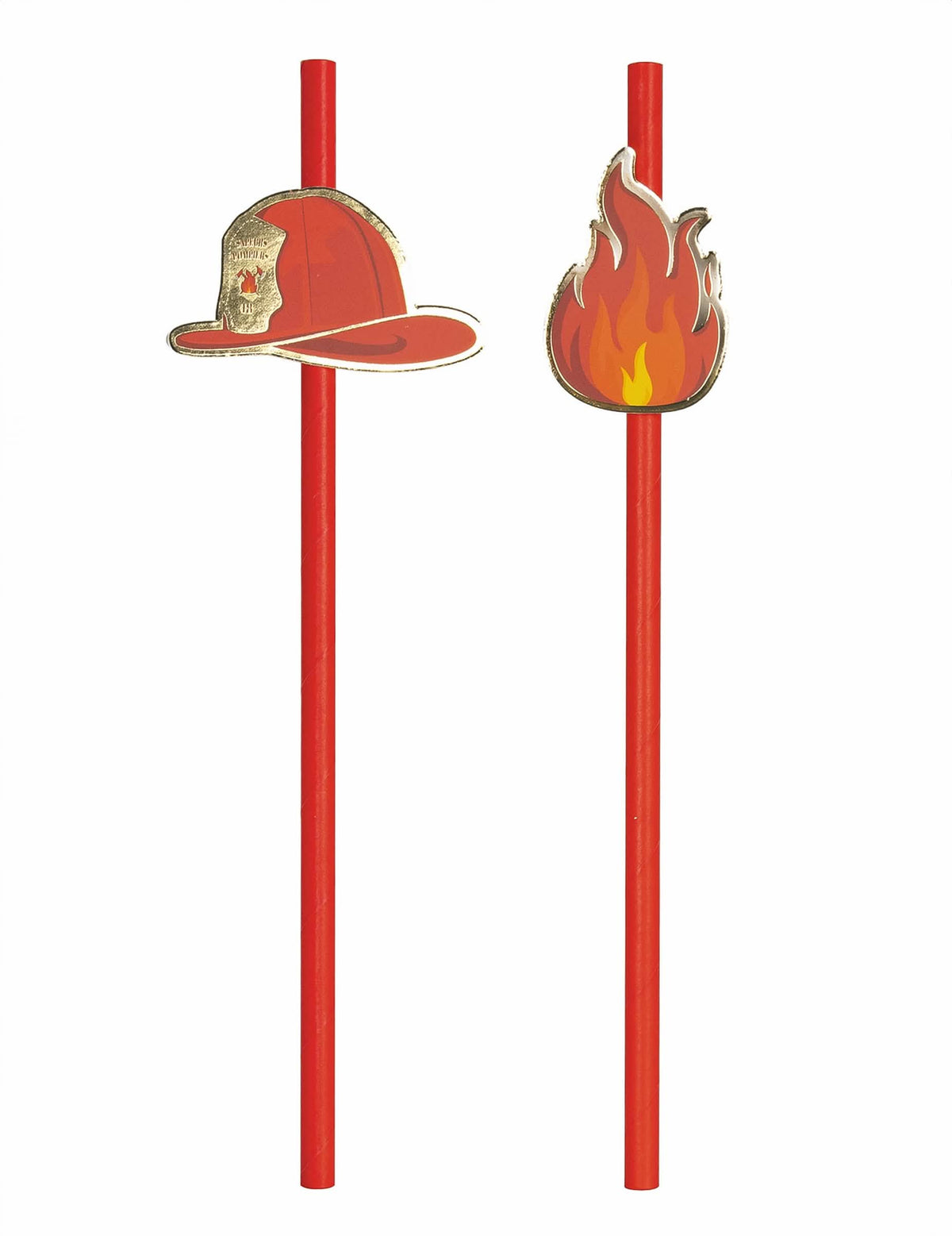 pajitas de cartón Bombero rojas con medallones de casco y llama