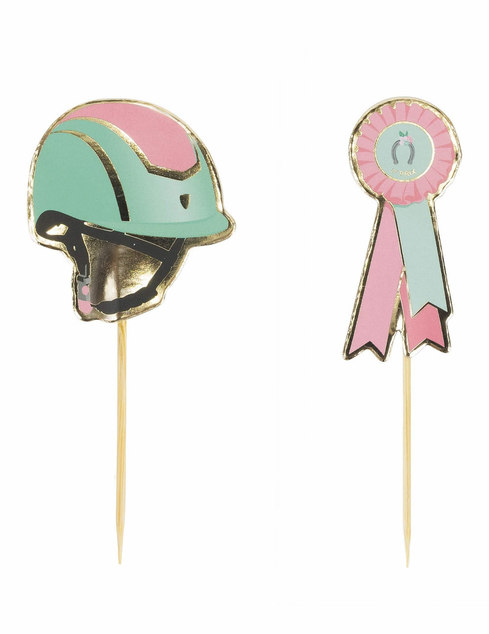 Picaditas para cóctel caballo equitación de madera rosa verde y dorado