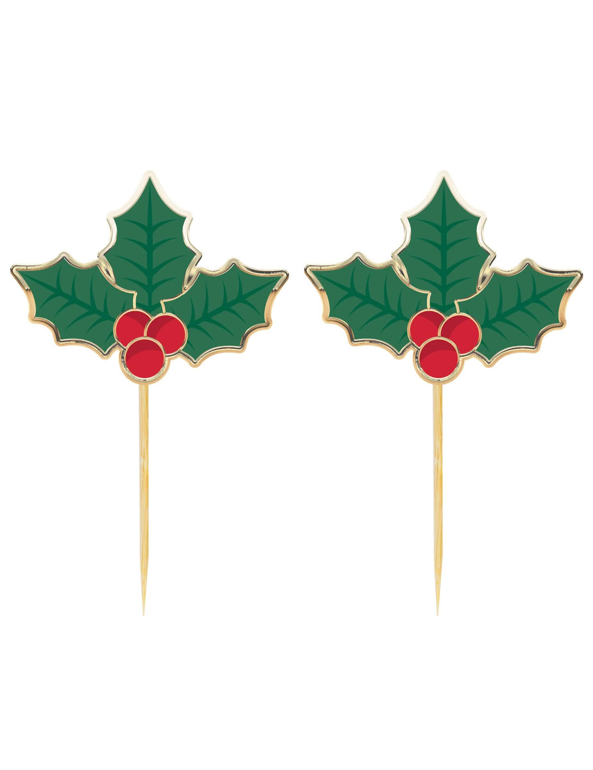 Pics à cocktail houx de Noël pour fête vert et rouge en bois