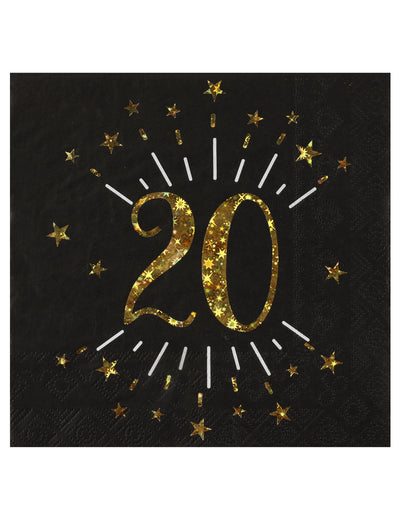 Serviettes papier joyeux anniversaire 20 pour fête noir et or