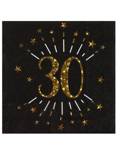 Serviettes papier joyeux anniversaire 30 pour adulte noir et or avec étoiles