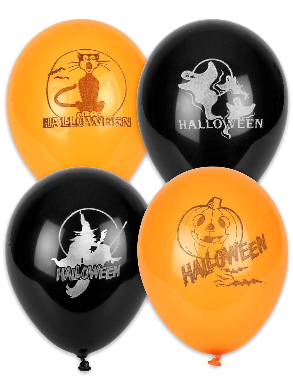 globos halloween para decoración negros y naranjas con motivos de gato fantasmas bruja y calabazas