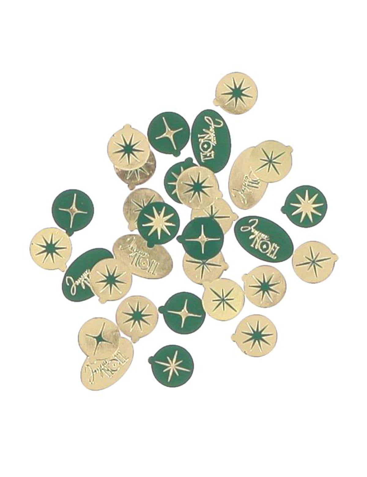 100 confetis Feliz Navidad atemporal verde y oro de 1 a 2 cm