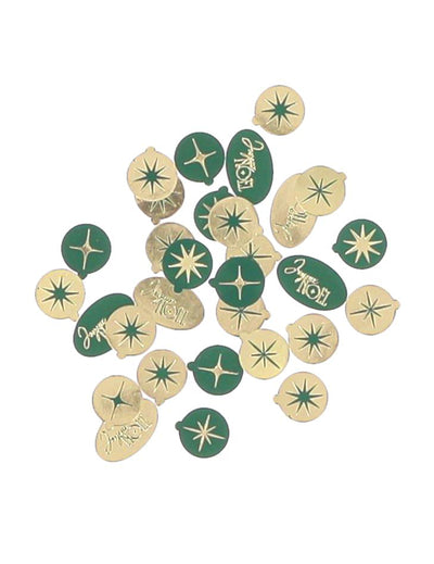 100 confetis Feliz Navidad atemporal verde y oro de 1 a 2 cm