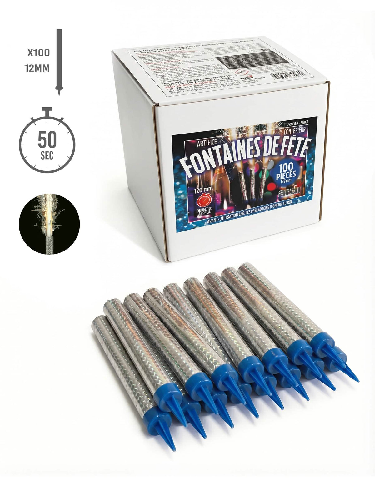 Fontaines scintillantes 50 secondes pour fête argentées lot de 100
