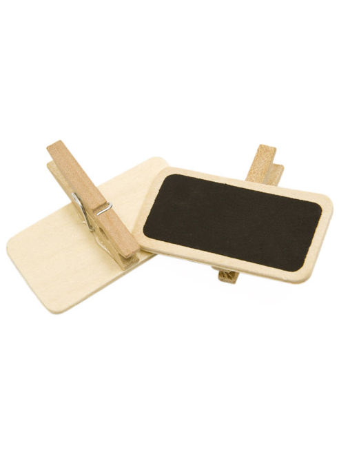 Mini pizarras con pinza marcaplaces para decoración de fiesta en madera natural