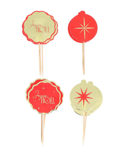 12 palillos Feliz Navidad atemporal rojo y dorado 9 cm
