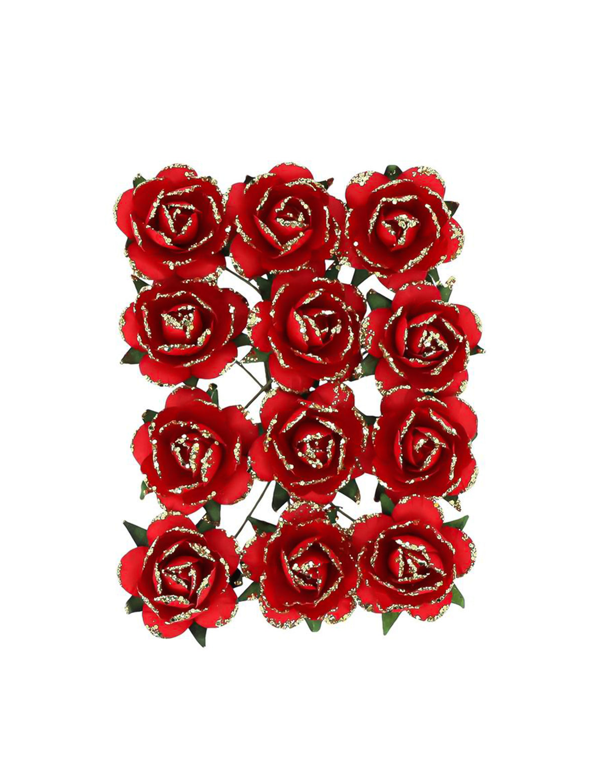 12 rosas de papel con tallo rojo y dorado 3,5 cm