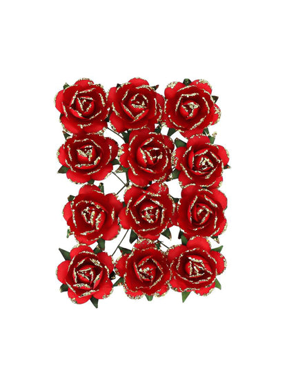 12 rosas de papel con tallo rojo y dorado 3,5 cm