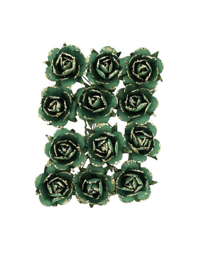 12 rosas de papel con tallo verde oscuro y dorado 3,5 cm