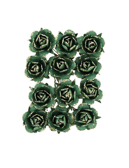 12 rosas de papel con tallo verde oscuro y dorado 3,5 cm