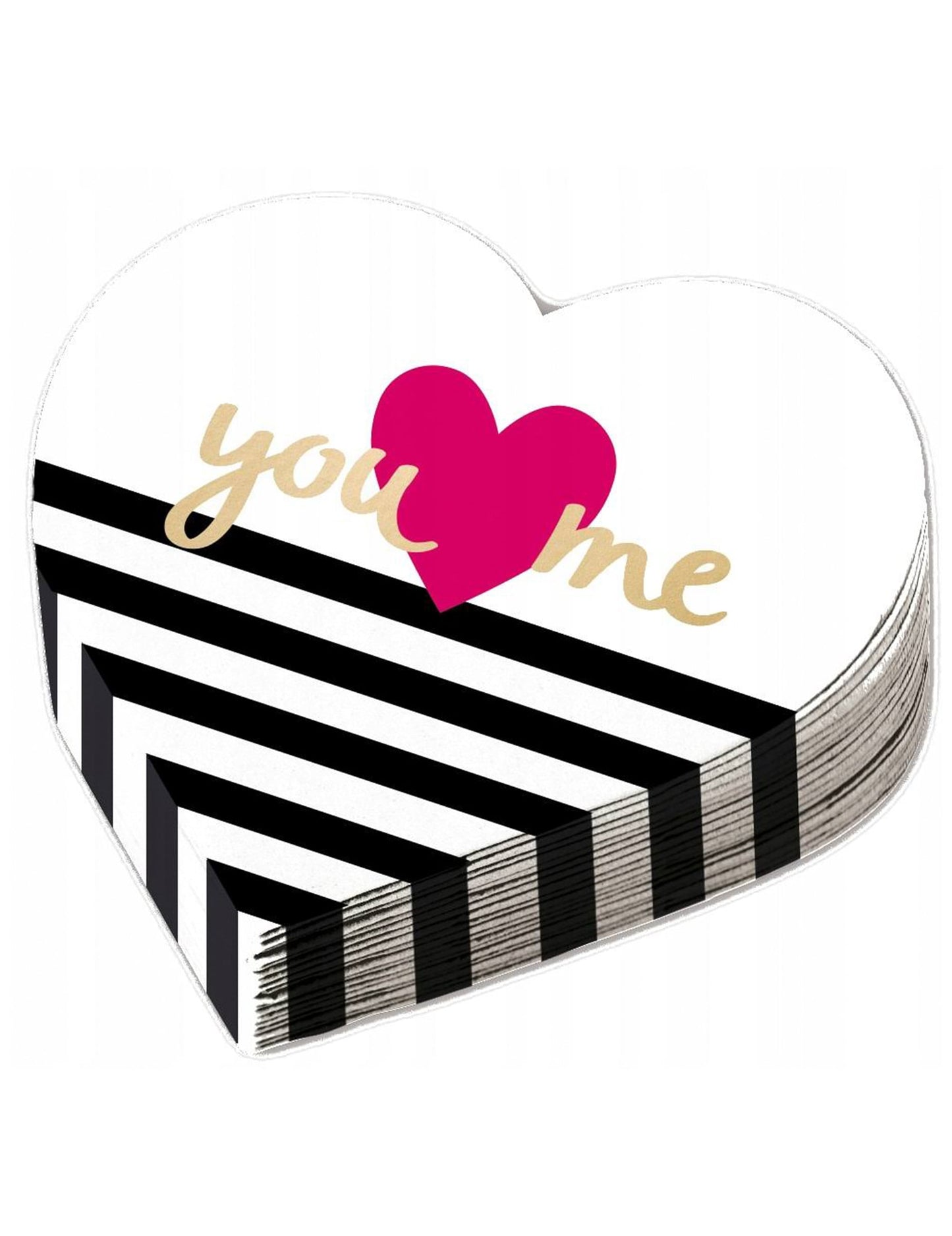 Serviettes en papier forme cœur you & me pour fête à rayures noires et blanches avec cœur rose et texte doré