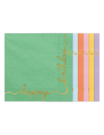 12 Servilletas de papel Happy Birthday pastel y oro 33 × 33 cm
