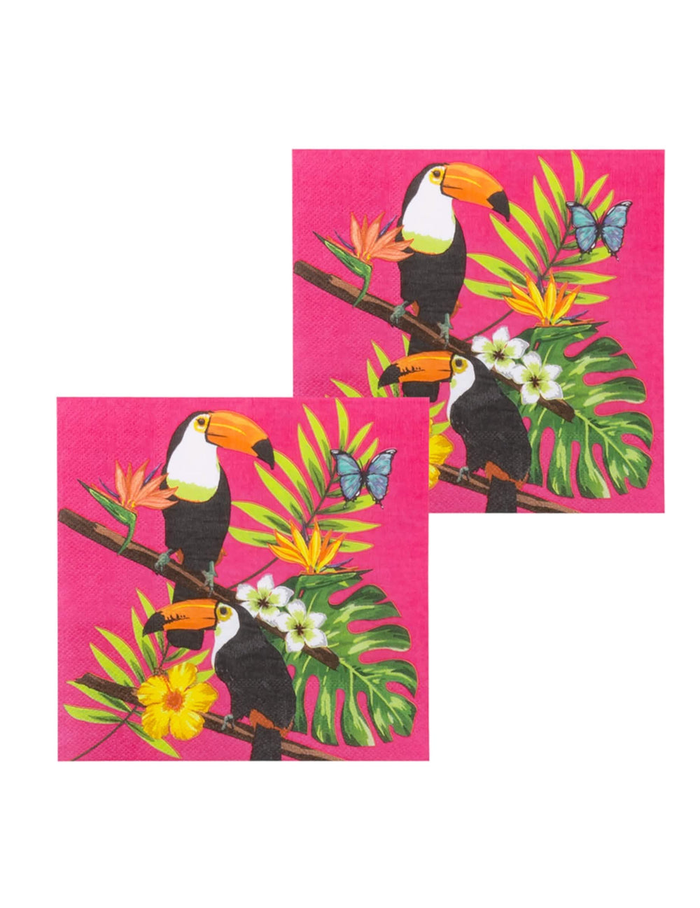 Primer plano del estampado tropical de las servilletas de papel tucán fucsia