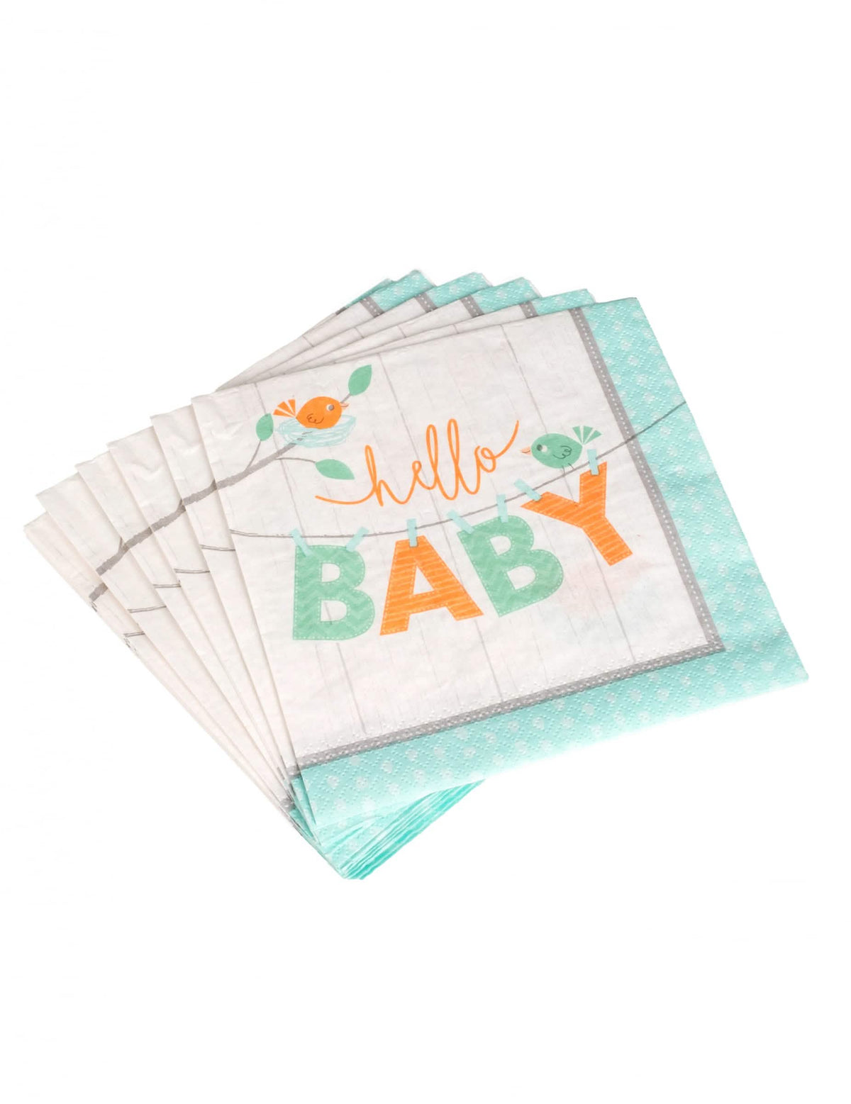 Vista de varias servilletas de papel hello baby pájaros para baby shower