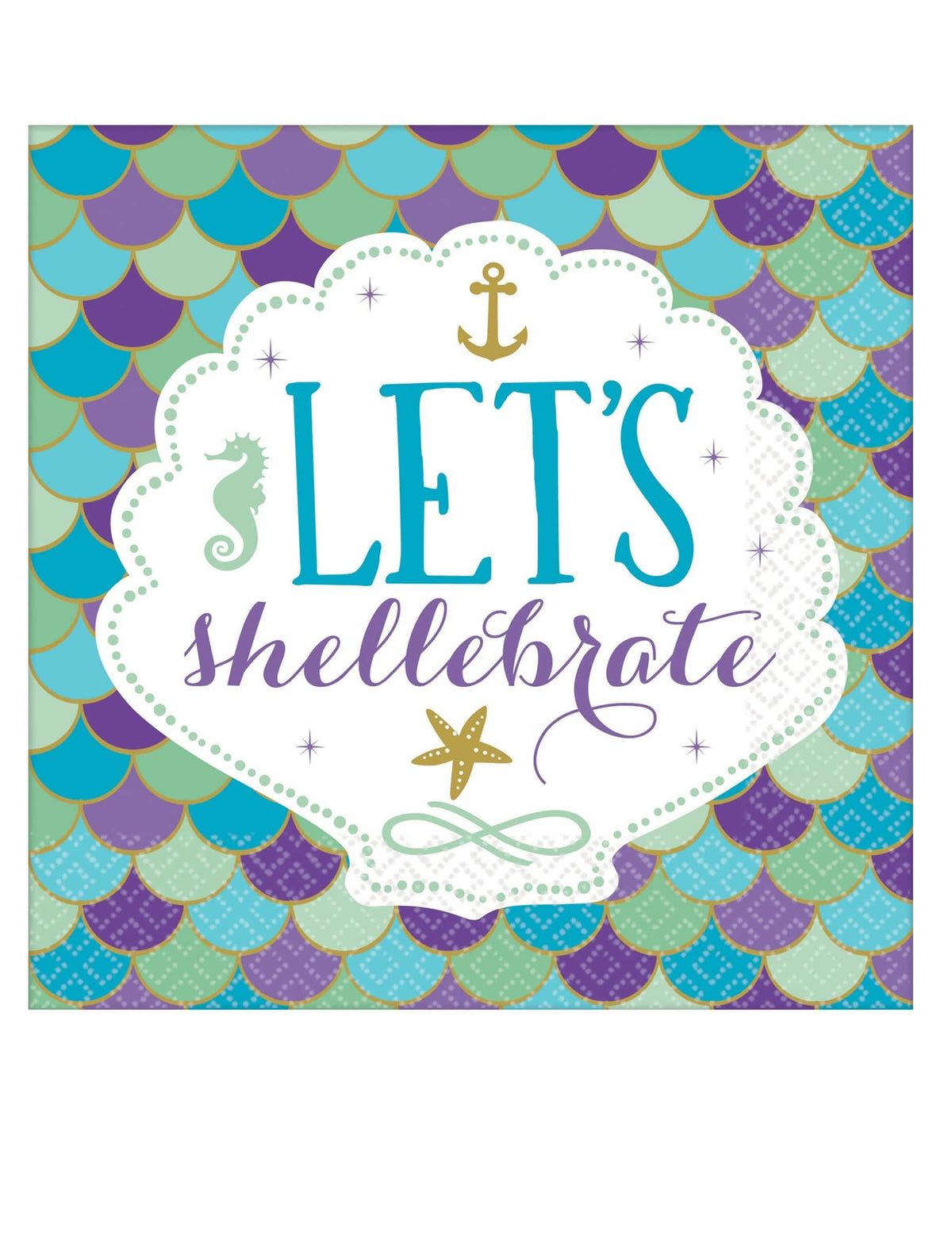 servilletas de papel sueños de sirenas para cumpleaños con motivos de escamas azules y violetas Let's Shellebrate