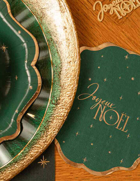 16 servilletas Feliz Navidad atemporal verde inglés y dorado 32 x 32 cm