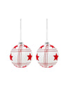 2 boules en verre de Noël avec étoiles rouges pour sapin blanches à motifs quadrillés
