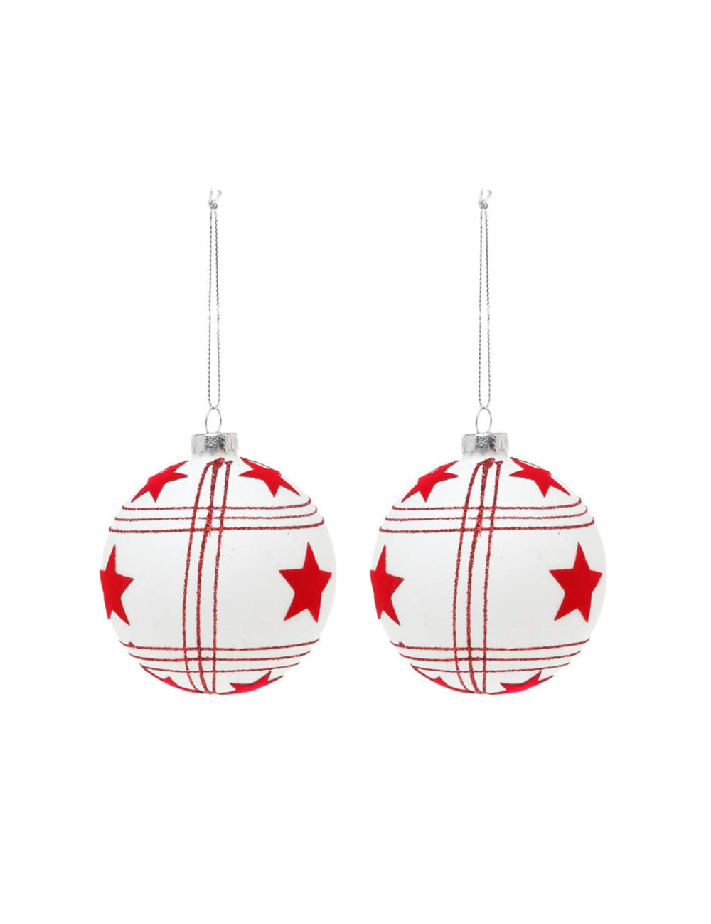 2 bolas de vidrio de navidad con estrellas rojas para árbol blancas con motivos cuadriculados
