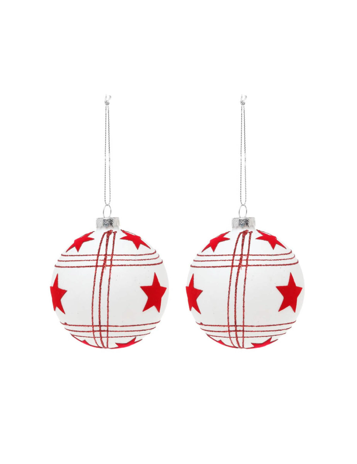 2 bolas de vidrio de navidad con estrellas rojas para árbol blancas con motivos cuadriculados