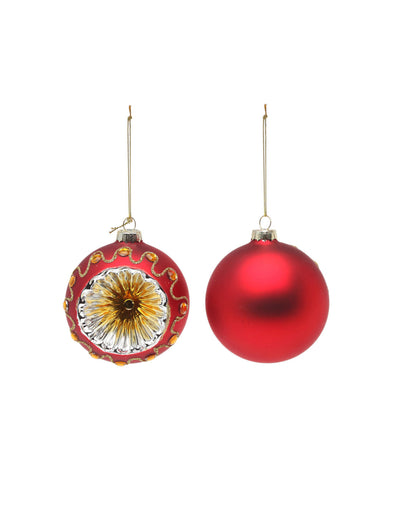 Boules en verre rouge et or pour décoration de Noël avec centre argenté et paillettes