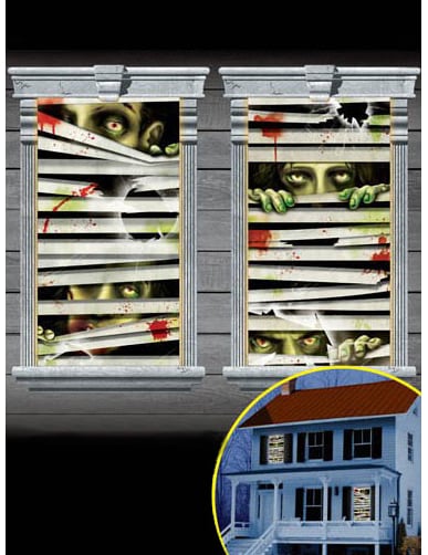 2 décorations pour fenêtre Zombies enfermés pour Halloween blanches et ensanglantées